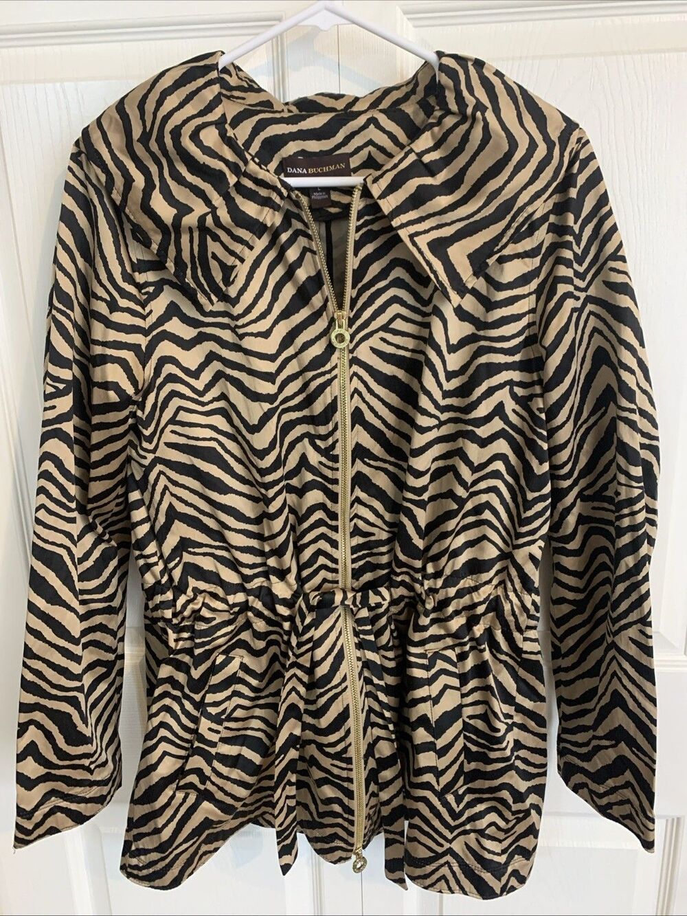 Dana Buchman Jacket Womens L Animal Print Zip Front Tie Waist